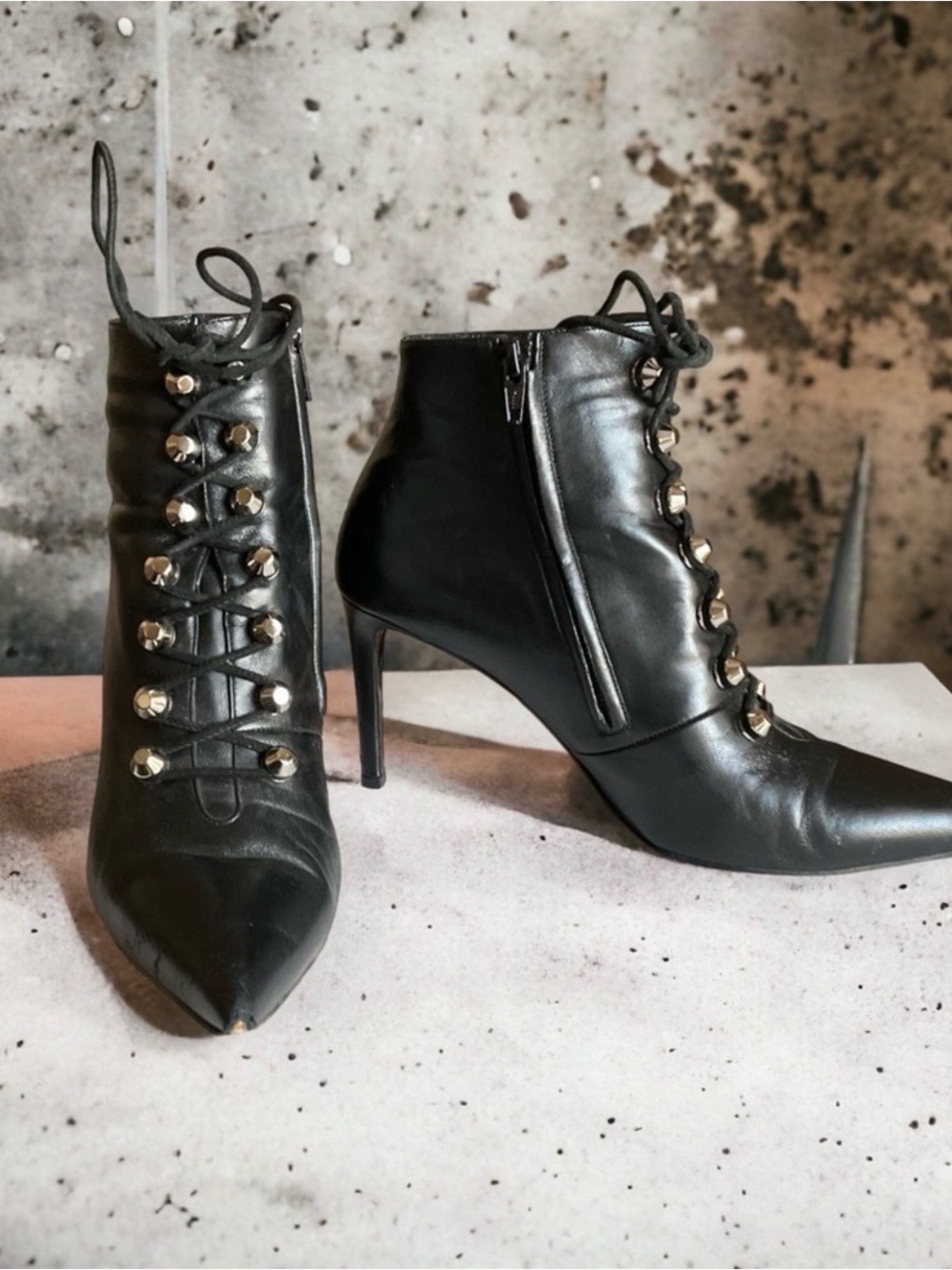 Balenciaga Black Pointed Toe Lace-Up Leather Ankle Boots